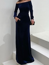 preiswerte BLAU-Schmaler Abendkleid Elegantes Kleid Formelle Abend Bodenlänge Langarm Off-Schulter Herbst Hochzeitsgast Samt mit Glanz 2025