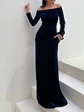 preiswerte BLAU-Schmaler Abendkleid Elegantes Kleid Formelle Abend Bodenlänge Langarm Off-Schulter Herbst Hochzeitsgast Samt mit Glanz 2025