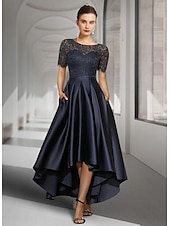 economico Lunghezza del tè-Abito A-Line madre della sposa per invitati al matrimonio elegante collo a scollo alto asimmetrico lunghezza tè in satin pizzo maniche corte con pieghe 2025 taglia personalizzata gratuita