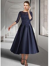 abordables Longueur du plancher-Robe de la mère de la mariée A-Line Invitée de mariage Élégante Col bijou Longueur thé Satin Dentelle à manches 3/4 avec plis appliqués 2025 taille personnalisée gratuite