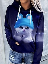 billiga Tröjor och tröjor-luvtröja dam tröja katt grafisk slips färg framficka tryck dagligen andra utskrifter basic casual huvtröjor tröjor blå svart brun comfrt andas mjukt tyg