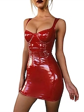 levne NY šaty-formální červené kožené oblečení na domácí párty klubové šaty nízký střih bez rukávů krátké / mini bodycon šaty spandex s elegantními šaty, které zapůsobí 2025