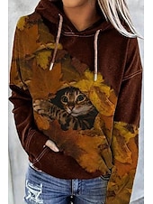billiga Tröjor och tröjor-luvtröja dam tröja katt grafisk slips färg framficka tryck dagligen andra utskrifter basic casual huvtröjor tröjor blå svart brun comfrt andas mjukt tyg