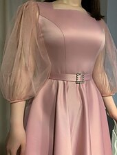 abordables Mariages &amp; Événements-Robe Soirée Cocktail Trapèze Robes de cocktail Elégant Longueur Cheville Encolure dégagée Manches 3/4 Satin Avec Ceinture / Ruban