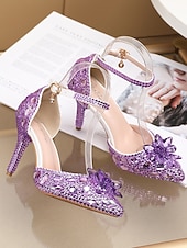 economico Invitato al matrimonio-sandali con tacco alto in strass viola da donna – eleganti scarpe da sposa con cinturino alla caviglia in cristallo