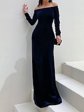 preiswerte BLAU-Schmaler Abendkleid Elegantes Kleid Formelle Abend Bodenlänge Langarm Off-Schulter Herbst Hochzeitsgast Samt mit Glanz 2025