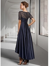 economico Lunghezza del tè-Abito A-Line madre della sposa per invitati al matrimonio elegante collo a scollo alto asimmetrico lunghezza tè in satin pizzo maniche corte con pieghe 2025 taglia personalizzata gratuita