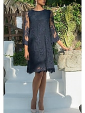 billiga Te Längd-Sheath brudens mor klänning bröllopsgäst elegant juvelhals kort  mini spets tulle 3/4-längd ärm med applikationer gratis anpassad storlek