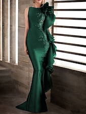 abordables Robes de Soirée Sirène-Robe de soirée sirène élégante Robe engagement officielle soirée traîne balayage sans manches encolure bijou invitée de mariage d&#039;automne satin extensible avec appliqués robe de masquerade