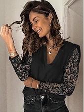 Women's Shirt Lace Shirt Blouse Eyelet top Plain Vintage Basic Sexy Long Sleeve V Neck Casual Daily Lace See Through Cut Out Black White Spring Fall4
