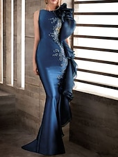 abordables Robes de Soirée Sirène-Robe de soirée sirène élégante Robe engagement officielle soirée traîne balayage sans manches encolure bijou invitée de mariage d&#039;automne satin extensible avec appliqués robe de masquerade