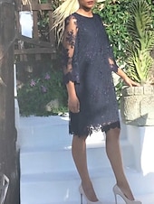 billiga Te Längd-Sheath brudens mor klänning bröllopsgäst elegant juvelhals kort  mini spets tulle 3/4-längd ärm med applikationer gratis anpassad storlek