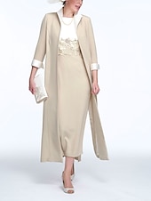 cheap With Jacket-Two Piece Sheath Mother of the Bride Dress Wedding Guest Church Elegant Jewel Neck Ankle Length Stretch Fabric Sleeveless with Appliques Race Day Dress free custom size