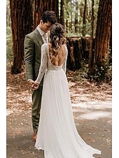 economico abiti da sposa casual-Matrimonio in Spiaggia Abiti da Sposa Boho A-Line Scollo A Barchetta Maniche Lunghe Strascico Corto in Pizzo Abiti da Sposa con Pieghe e Appliche 2025