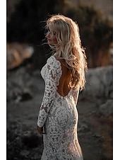 economico abiti da sposa casual-Matrimonio in Spiaggia Abito da Sposa Boho A Schiena Scoperta a Sirena V Neck Maniche Lunghe Strascico Corto Abiti da Sposa in Pizzo con Appliche 2025