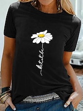 abordables Camiseta floral-Mujer Camiseta Negro Blanco Amarillo Graphic Margarita Estampado Manga Corta Diario Noche Básico Escote Redondo Regular 100% Algodón Flor S