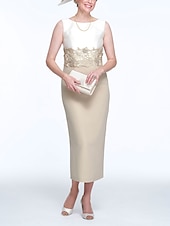 cheap With Jacket-Two Piece Sheath Mother of the Bride Dress Wedding Guest Church Elegant Jewel Neck Ankle Length Stretch Fabric Sleeveless with Appliques Race Day Dress free custom size