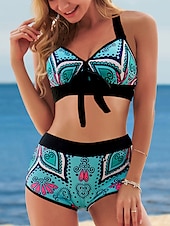 olcso Bikiniszettek-Női Szabályos Fürdőruha Bikini 2 darab Merész Fürdőruha Pánt Első nyakkendő Csokornyakkendő Magas derekú Csokor Divat Buli Virágos Színes Pántos Fürdőruhák