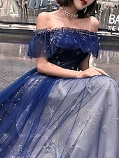  A-Linie Na zem Šaty Elegantní Zářivé Vrstvené Krátký rukáv Pod rameny Svatební host Párty oblečení Tyl s Výšivka Vrstvené