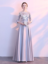 ieftine Rochii de Party-Linia -A Rochie Domnișoară Onoare Bijuterie Manșon Lung Elegant Lungime Podea Satin / Tulle / Paiete cu Eșarfă / Panglică / Pliuri 2022