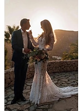 economico abiti da sposa casual-Matrimonio in Spiaggia Abito da Sposa Boho A Schiena Scoperta a Sirena V Neck Maniche Lunghe Strascico Corto Abiti da Sposa in Pizzo con Appliche 2025