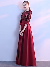 ieftine Rochii de Party-Linia -A Rochie Domnișoară Onoare Bijuterie Manșon Lung Elegant Lungime Podea Satin / Tulle / Paiete cu Eșarfă / Panglică / Pliuri 2022