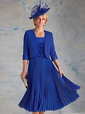 cheap With Jacket-Two Piece Mother of the Bride Dress Wedding Guest Church Elegant &amp; Luxurious Scoop Neck Tea Length Chiffon 3/4 Length Sleeve Short Jacket Dresses with Lace Ruching 2025 free custom size