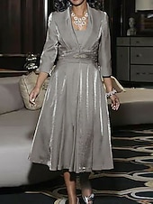 baratos Conjuntos de vestidos para mamãe-Duas Peças Linha A Longuette Vestido de convidada de casamento Vestido Para Mãe dos Noivos Manga 3/4 Decote Quadrado Elegante Vintage Tamanhos Grandes Convidado do casamento Vestidos de jaqueta com