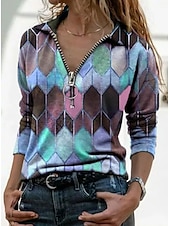 cheap Boho tee-Women&#039;s T shirt Tee Blue Purple Orange Geometric Color Block Quarter Zip Print Long Sleeve Casual Daily Basic Shirt Collar Regular S