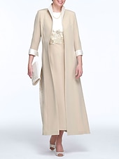cheap With Jacket-Two Piece Sheath Mother of the Bride Dress Wedding Guest Church Elegant Jewel Neck Ankle Length Stretch Fabric Sleeveless with Appliques Race Day Dress free custom size