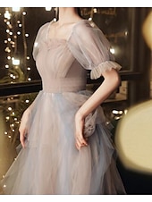 cheap Prom Dresses-A-Line Prom Dresses Color Block Dress Wedding Party Dress Birthday Floor Length Half Sleeve Scoop Neck Tulle with Pleats Ruffles  Masquerade Dress dress to impress