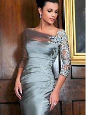 abordables Longueur du thé-Robe de mère de la mariée en silhouette ajustée pour invitée de mariage élégante transparente col bateau longueur genou taffetas manches 3/4 avec appliques en perles et ruchés robe à impressionner
