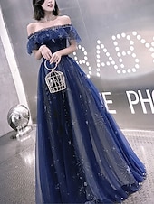  A-Linie Na zem Šaty Elegantní Zářivé Vrstvené Krátký rukáv Pod rameny Svatební host Párty oblečení Tyl s Výšivka Vrstvené