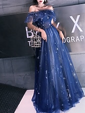  A-Linie Na zem Šaty Elegantní Zářivé Vrstvené Krátký rukáv Pod rameny Svatební host Párty oblečení Tyl s Výšivka Vrstvené