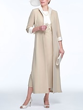 cheap With Jacket-Two Piece Sheath Mother of the Bride Dress Wedding Guest Church Elegant Jewel Neck Ankle Length Stretch Fabric Sleeveless with Appliques Race Day Dress free custom size