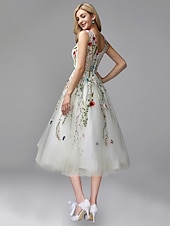 abordables Vestido de graduación-Vestidos de Prom de corte A Vestido elegante Invitada de boda Compromiso Longitud de té Sin mangas Cuello joya Chiffon con inserción de encaje y aplicaciones