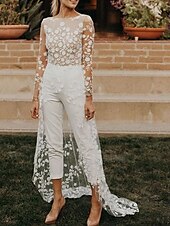 preiswerte lässige Brautkleider-Strandhochzeit Saal Offenes Rücken Hochzeitskleider Hosenanzüge Scoop-Ausschnitt Lange Ärmel Sweep  Brush Train Spitze Brautkleider Mit Blume 2025
