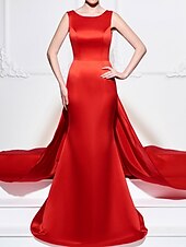 abordables Robes de Soirée-Robe Fiançailles Trapèze Robes de soirée Jolis Dos Traîne Tribunal Bateau Sans Manches Satin Avec Appliques 2022