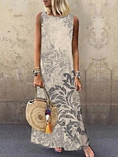 levne Boho šaty-dámské maxi šaty sundress shift šaty letní šaty elegantní příležitostné dovolené party casual regular fit květinový potisk bez rukávů crew neck béžová léto jaro