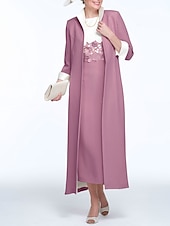 cheap With Jacket-Two Piece Sheath Mother of the Bride Dress Wedding Guest Church Elegant Jewel Neck Ankle Length Stretch Fabric Sleeveless with Appliques Race Day Dress free custom size