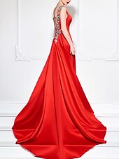 abordables Robes de Soirée-Robe Fiançailles Trapèze Robes de soirée Jolis Dos Traîne Tribunal Bateau Sans Manches Satin Avec Appliques 2022
