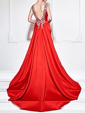 abordables Robes de Soirée-Robe Fiançailles Trapèze Robes de soirée Jolis Dos Traîne Tribunal Bateau Sans Manches Satin Avec Appliques 2022