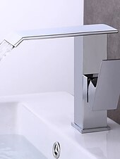 abordables Grifería para lavabos-Grifo de lavabo de baño de cascada de latón de estilo moderno, grifos de baño de un solo orificio electrochapados en cromo blanco con interruptor de frío y calor