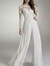 economico abiti da sposa casual-Matrimonio sulla spiaggia Hall Abiti da matrimonio casual Tute Collo illusione Manica lunga Lunghezza a terra Chiffon Abiti da sposa con applicazioni 2025