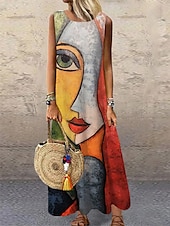 cheap Art&amp;Design Dress-Women&#039;s Maxi Dress Casual Dress Sundress Shift Dress Modern Vacation Party Casual Regular Fit Color Block Abstract Sleeveless Crew Neck Yellow Blue Purple Orange