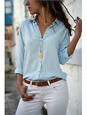 abordables Tops de Trabajo para Mujeres-Mujer Camisa Blusa Negro Blanco Amarillo Plano Color sólido Manga Larga Trabajo Casual Básico Cuello Camisero Regular S
