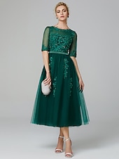 cheap Cocktail Dresses-A-Line Sparkle Dress Formal Evening Kentucky Derby Tea Length Sleeveless Illusion Neck Fall Wedding Guest Lace Over Tulle with Sequin Appliques Derby Dresses 2025