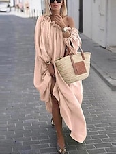 halpa Mekot-naisten vapaa-ajan mekko keinu mekko boho mekko pitkä mekko maxi mekko aprikoosinvihreä sininen pitkähihainen puhdas väri rypytetty talvi syksy kevät yksi olka muoti talvimekko päivittäinen loma