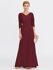 economico Lunghezza del pavimento-ts beach wedding a-line madre della sposa abito da sposa invitata elegante taglie forti trasparente scollo a V lunghezza pavimento chiffon mezza manica con applicazioni drappeggio laterale 2025