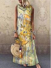cheap Animals Dress-Women&#039;s Maxi Dress Sundress A Line Dress Summer Dress Casual Vacation Party Casual Loose Fit Animal Print Sleeveless Crew Neck Light Yellow Light Blue Yellow Red Summer Spring